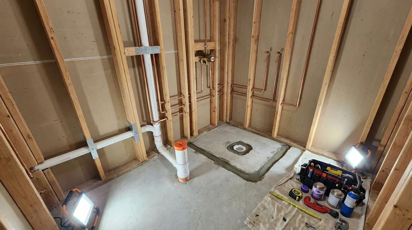 Bathroom rough-in plumbing during remodel by Johns Plumbing LLC in Portales
