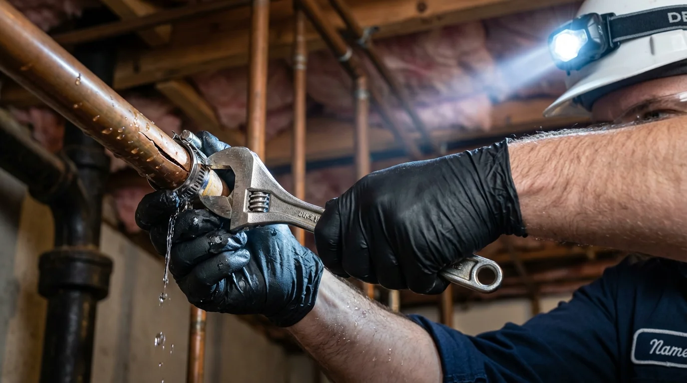Emergency pipe clamp repair being performed by a Johns Plumbing LLC plumber in Portales