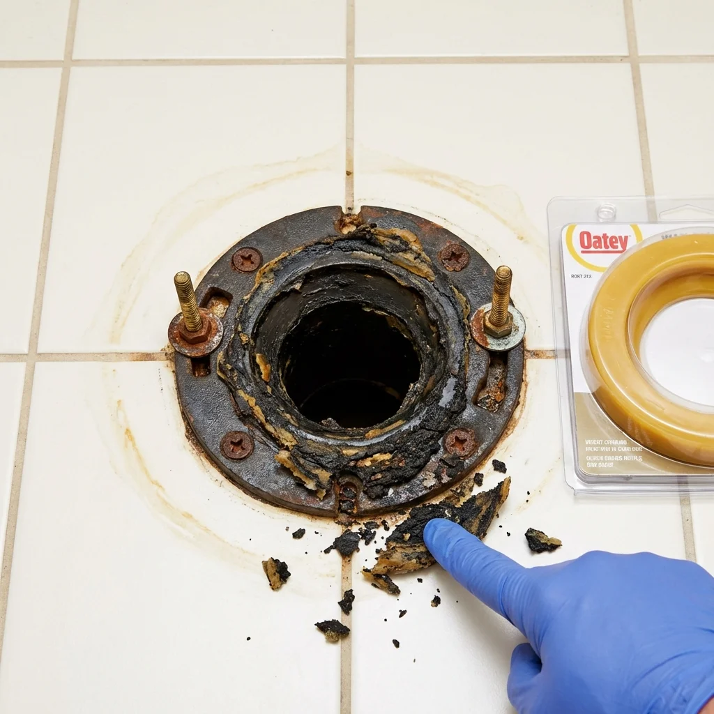 Failed wax ring showing water seepage at the base of a toilet in a Portales, NM home