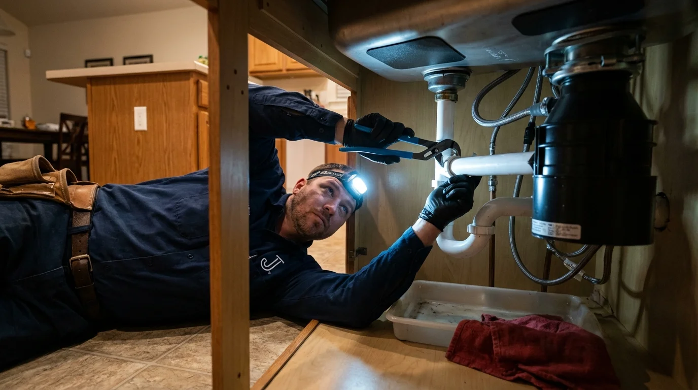P-trap and supply line connections under a kitchen sink showing a common leak point in Portales, NM